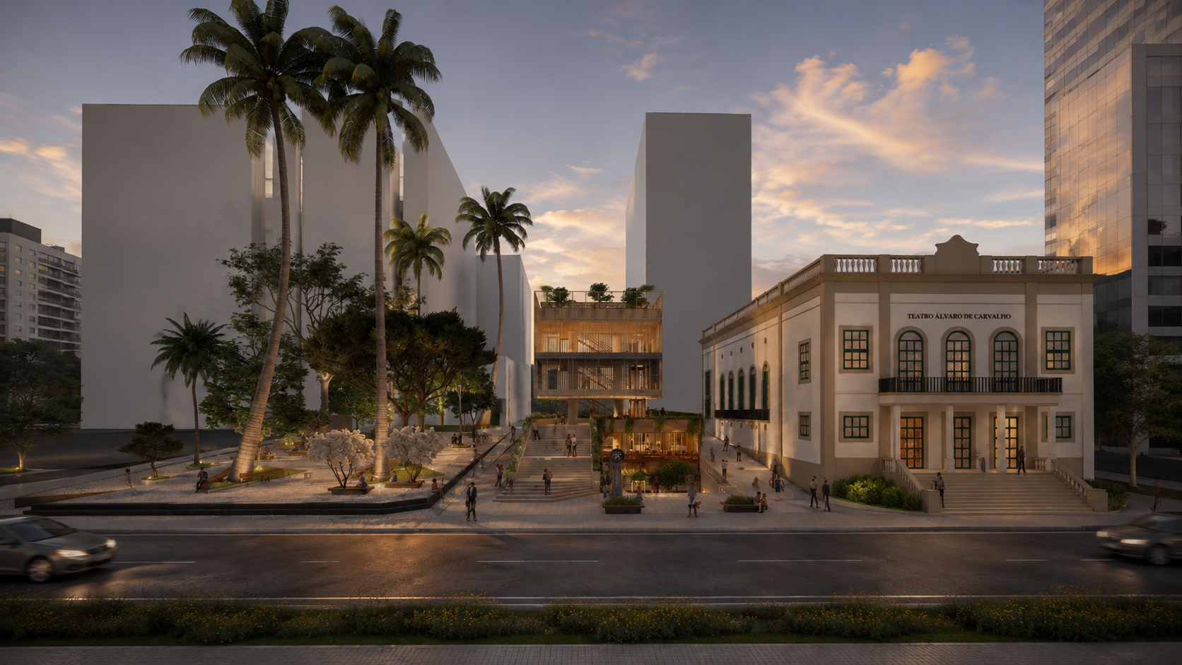 Ilustração gerada com IA da proposta do Hub Criativo Ágora entre a praça e o Teatro Álvaro de Carvalho
